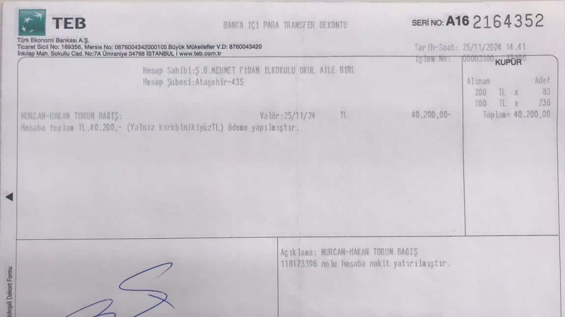 Nurcan&Hakan TORUN çiftine okulumuza yapılan bağışa  aracılık etmelerinden dolayı teşekkür ederiz.